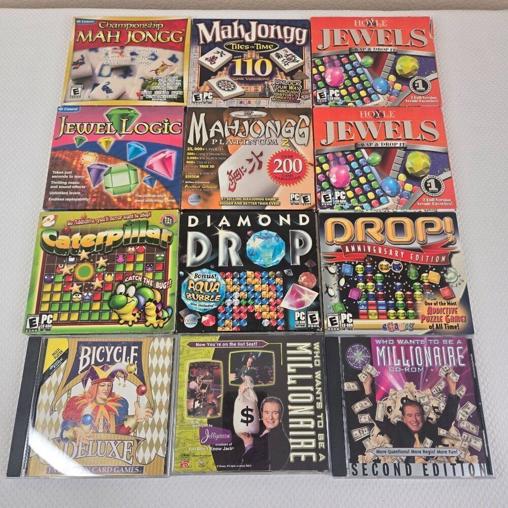 Lot Of 12 PC CD-ROM PC Puzzle Card Games Mah Jongg Jewel Logic Bicycle Millionai